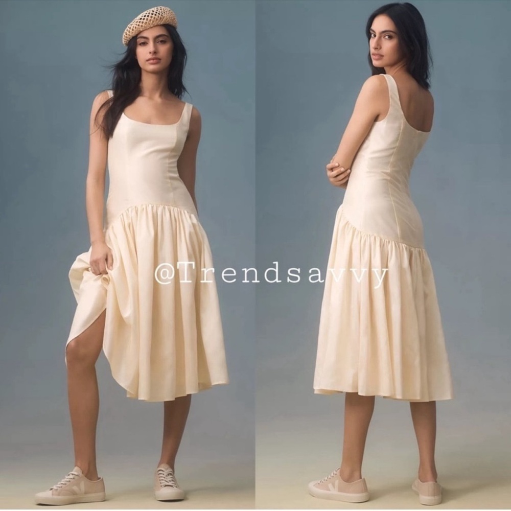 Anthropologie Hutch Cream Drop Waist Midi Dress Medium Sleeveless Wedding Guest